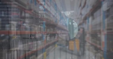 Depodaki finansal veri işleme animasyonu. Küresel iş, finans, hesaplama ve veri işleme kavramı dijital olarak oluşturulmuş video.