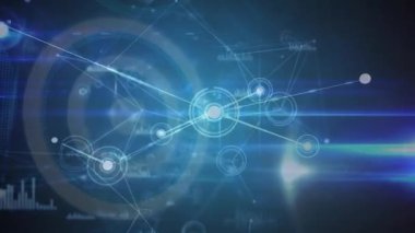 Kırmızı ışık noktasının animasyonu ve mavi arkaplan üzerindeki veri işleme ağı. Küresel ağ ve iş teknolojisi kavramı