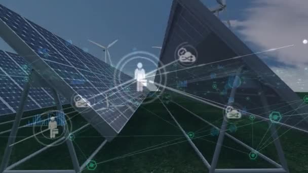 Animação Rede Ícones Digitais Processamento Dados Sobre Painéis Solares Moinhos — Vídeo de Stock