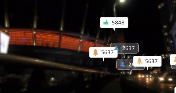 Animacja Ikon Mediów Społecznościowych Pływających Widok Stadionu Ruchu Miejskiego Nocy — Wideo stockowe