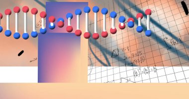 Veri işleme, matematiksel denklemler ve DNA ipliklerinin resmi. küresel öğrenme, bilim, veri işleme, teknoloji ve bağlantı konsepti dijital olarak oluşturulmuş görüntü.