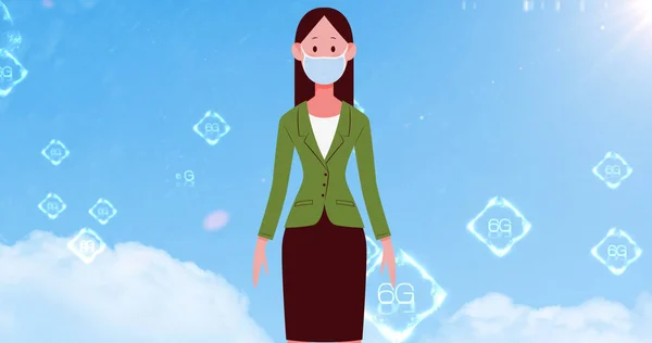 Image of businesswoman wearing a face mask icon and multiple 6g text banners against blue sky. Global networking and business technology concept