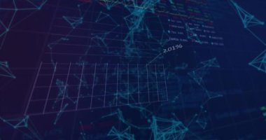 Borsa veri işleme ağının mavi arka planla olan bağlantıları üzerinden animasyonu. Küresel ekonomi ve iş ağı teknolojisi kavramı