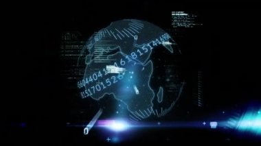 Dönen küre üzerinde veri işleme animasyonu ve siyah arkaplana karşı mavi ışık noktası. Küresel ağ ve iş arayüzü teknolojisi kavramı