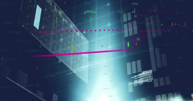 Siyah zemin üzerindeki ışık noktasıyla finansal ve istatistiksel veri işleme animasyonu. Küresel finans ve iş veri teknolojisi kavramı