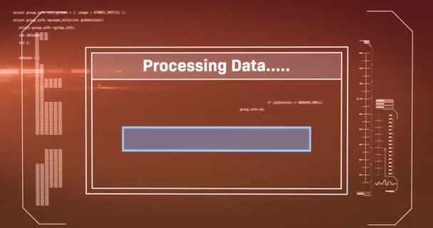 赤い背景に光のすすに対するデータ処理とのインターフェースのアニメーション コンピュータ インターフェースとビジネス技術の概念 — ストック動画