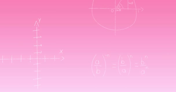 Animation Mathematischer Gleichungen Und Diagramme Die Vor Rosafarbenem Hintergrund Schweben — Stockvideo
