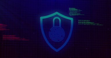 Kalkan ve asma kilit simgelerinin üzerinde veri işleme görüntüsü. Küresel güvenlik ve dijital arayüz konsepti dijital olarak oluşturuldu.
