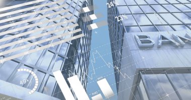 Banka binası üzerinde veri işleme ile istatistiklerin görüntüsü. Küresel iş, finans ve veri işleme kavramı dijital olarak oluşturulmuş görüntü.