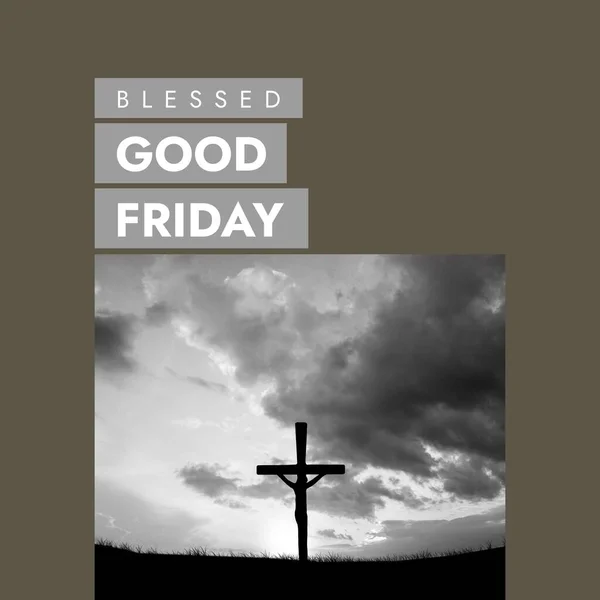 Image of blessed good friday text over clouds and cross. Blessed good friday, faith and celebration concept digitally generated image.