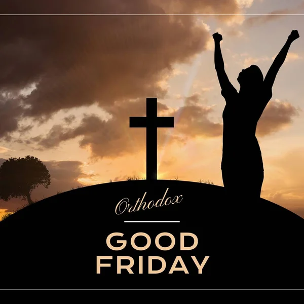 Image of good friday text over silhouette of woman raising hands and cross. Good friday and celebration concept digitally generated image.