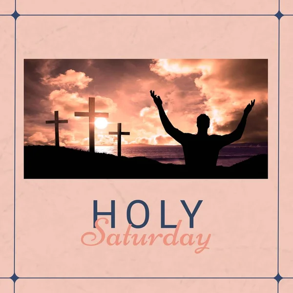 Imagem Santo Sábado Texto Sobre Silhueta Homem Levantando Mãos Cruzes — Fotografia de Stock