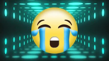 Neon tüneli üzerinde ağlayan emoji ikonu animasyonu. Küresel sosyal medya, dijital arayüz, hesaplama ve veri işleme kavramı dijital olarak oluşturuldu.