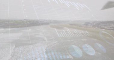 Manzara üzerindeki finansal veri işleme ve dolar banknotlarının animasyonu. Küresel finansman, iş ve dijital arayüz kavramı dijital olarak oluşturulmuş video.