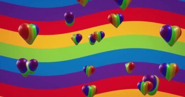 Gökkuşağı arka planında gökkuşağı kalplerinin animasyonu. Gurur ayı, lgbt, eşitlik ve insan hakları konsepti dijital olarak oluşturuldu.