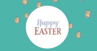 Paskalya yumurtalarının animasyonu ve mutlu paskalya metinleri. Paskalya, gelenek ve kutlama konsepti dijital olarak oluşturuldu.