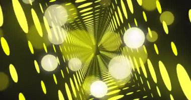 Sarı neon noktaları ve siyah arkaplanda dijital tünel animasyonu. Soyut arkaplan, geçmişe dönük gelecek ve dijital olarak oluşturulmuş görüntü konsepti.