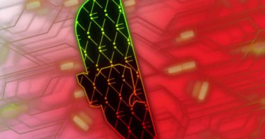 Devre kartından insan kafası, bağlantılar ve veri işleme animasyonu. Dijital arayüz, bulut hesaplama ve veri işleme kavramı dijital olarak oluşturuldu.