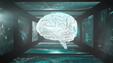 İnsan beyni ve veri işleme animasyonu. Küresel bilim, araştırma, hesaplama ve veri işleme kavramı dijital olarak oluşturulmuş video.