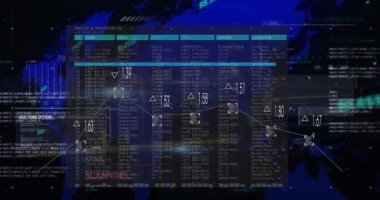 Grafikteki görüntü bulucunun animasyonu, siyah arkaplanda haritaya karşılık gelen sayılar ve metinler üzerinden numaralar ile birlikte. Dijital olarak üretilmiş, hologram, rapor, iş dünyası, küresel, soyut ve teknoloji kavramı.
