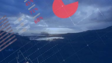 Manzara üzerinde veri işleme animasyonu. Küresel iş, finans, dijital arayüz, hesaplama ve veri işleme kavramı dijital olarak oluşturulmuş video.