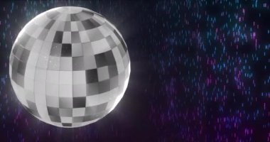 Siyah arkaplandaki ışık noktalarının üzerinde disko topu animasyonu. Parti ve kutlama konsepti dijital olarak oluşturuldu.