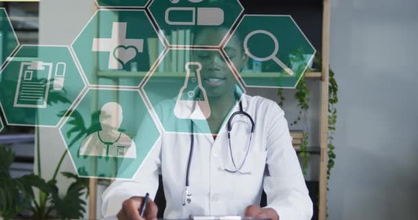 Animação Ícones Processamento Dados Sobre Médica Afro Americana Conceito Medicina — Vídeo de Stock
