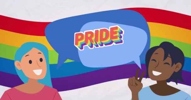 虹のプライドテキストと虹の背景に2人の女性のアニメーション プライド月間 Lgbt 平等と人権の概念デジタルで生成されたビデオ — ストック動画