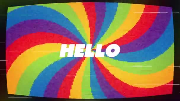 Animation Störningar Över Hello Text Färgglada Bakgrund Retro Framtid Färg — Stockvideo
