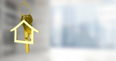 Image of keys with house keychain over blurred background. Moving house and digital interface concept digitally generated image.