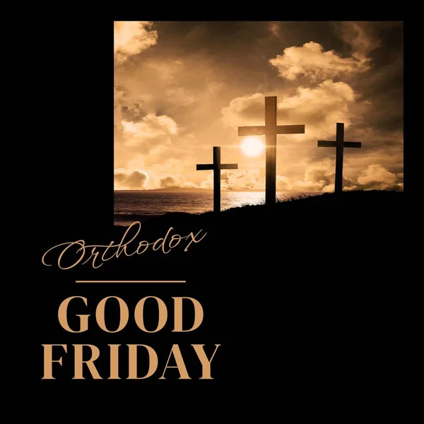 Image of good friday text over landscape and crosses. Good friday and celebration concept digitally generated image.