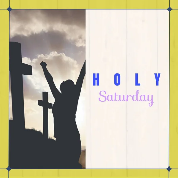 Image Holy Saturday Text Silhouette Woman Raising Hands Crosses Holy — Stock Photo, Image