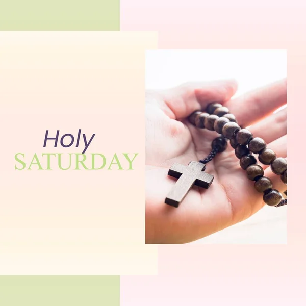 Imagem Santo Sábado Texto Sobre Mãos Com Rosário Sábado Santo — Fotografia de Stock