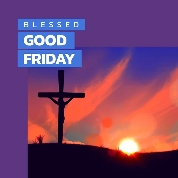 Image of blessed good friday text over sunset and cross. Blessed good friday, faith and celebration concept digitally generated image.