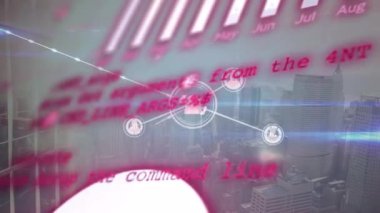Animation of network of connections with icons and data processing over cityscape. Global connections, computing and digital interface concept digitally generated video.