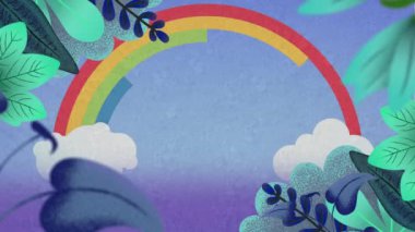 Mavi arka planda gökkuşağı üzerinde bitki ve yaprak animasyonu. Bahar ve doğa konsepti dijital olarak oluşturulmuş video.