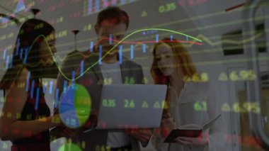 Animation of financial data processing over diverse business people in office. Global business, finances, computing and data processing concept digitally generated video.