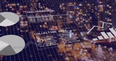 Animation of financial data processing over cityscape. Global business, finances, computing and data processing concept digitally generated video.