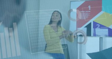 Animation of data processing over biracial businesswoman working in office. Global business, finances, computing and data processing concept digitally generated video.