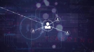 Profil simgelerinin dijital ekranlar üzerinden çizgilere bağlanması ve kilitlenmesi. Dijital olarak üretilmiş, çoklu pozlama, sosyal medya, koruma, veritabanı, geleceksel, ağ ve teknoloji.