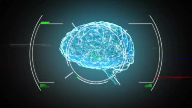 İnsan beyni ve veri işleme animasyonu. Küresel bilim, araştırma, hesaplama ve veri işleme kavramı dijital olarak oluşturulmuş video.