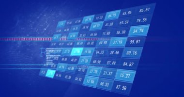 Ekranda finansal veri işleme animasyonu. Küresel iş, finans, hesaplama ve veri işleme kavramı dijital olarak oluşturulmuş video.