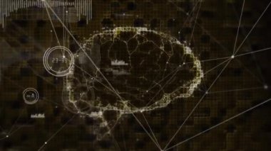 Soyut arkaplanda dijital beyne bağlı noktaların, grafik ve ses dalgaları simgelerinin animasyonu. Dijital olarak üretilmiş, hologram, iletişim, rapor, yapay zeka ve teknoloji.