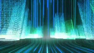 Neon izlerinin düşüşünün animasyonu ve siyah arka planda dijital şehir. Soyut arkaplan, geçmişe dönük gelecek ve dijital olarak oluşturulmuş görüntü konsepti.