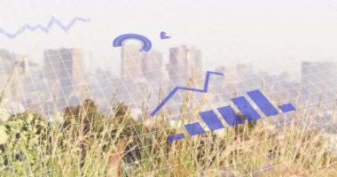 Animation of financial data processing over landscape. Global business, finances, computing and data processing concept digitally generated video.