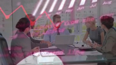 Animation of financial data processing over diverse business people in office. Global business, finances, computing and data processing concept digitally generated video.