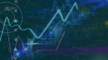 Haritada blok zinciri ve matematiksel denklemlerle grafiklerin ve ticaret tahtalarının animasyonu. Dijital olarak üretilmiş, hologram, illüstrasyon, rapor, borsa, kripto para, toplamlar ve teknoloji konsepti.