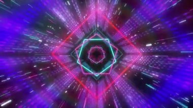 Dijital tünelde hareket eden neon şekillerin animasyonu. Soyut arkaplan, geçmişe dönük gelecek ve dijital olarak oluşturulmuş görüntü konsepti.