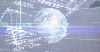 Ticaret panosunun animasyonu ve arka planda düşen dolarların üzerinde dünya ile çoklu grafikler. 