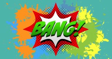 Çizgi roman patlaması ve mavi arka planda renkli boyalar olan patlama metninin animasyonu. Dijital olarak üretilmiş, sanat, yaratıcılık, çizgi film, bombalama, holi ve kutlama konsepti.